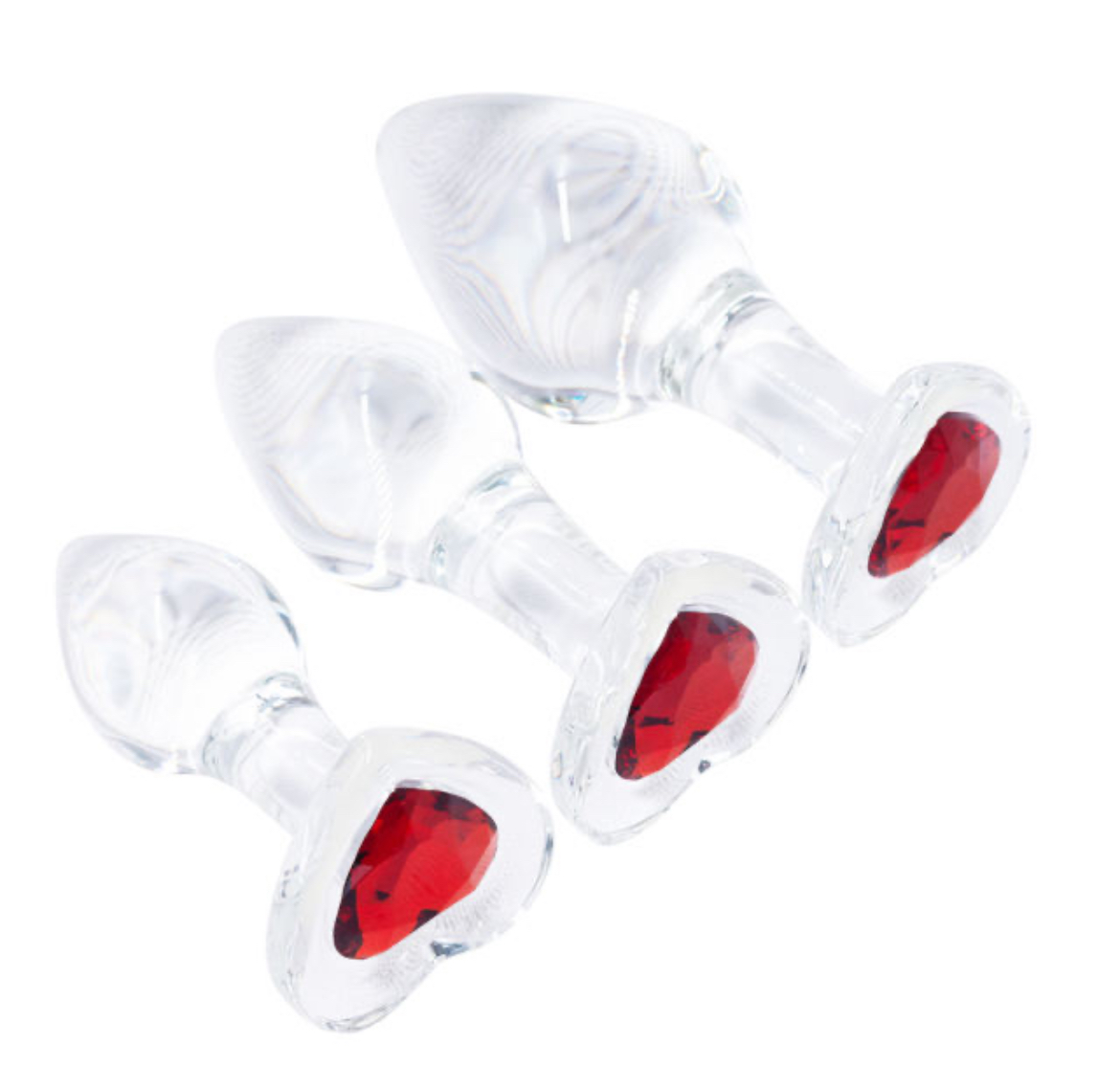 Clear Glass Anal Plug Set (3 Sizes) with Heart-Shaped Red Gem Base