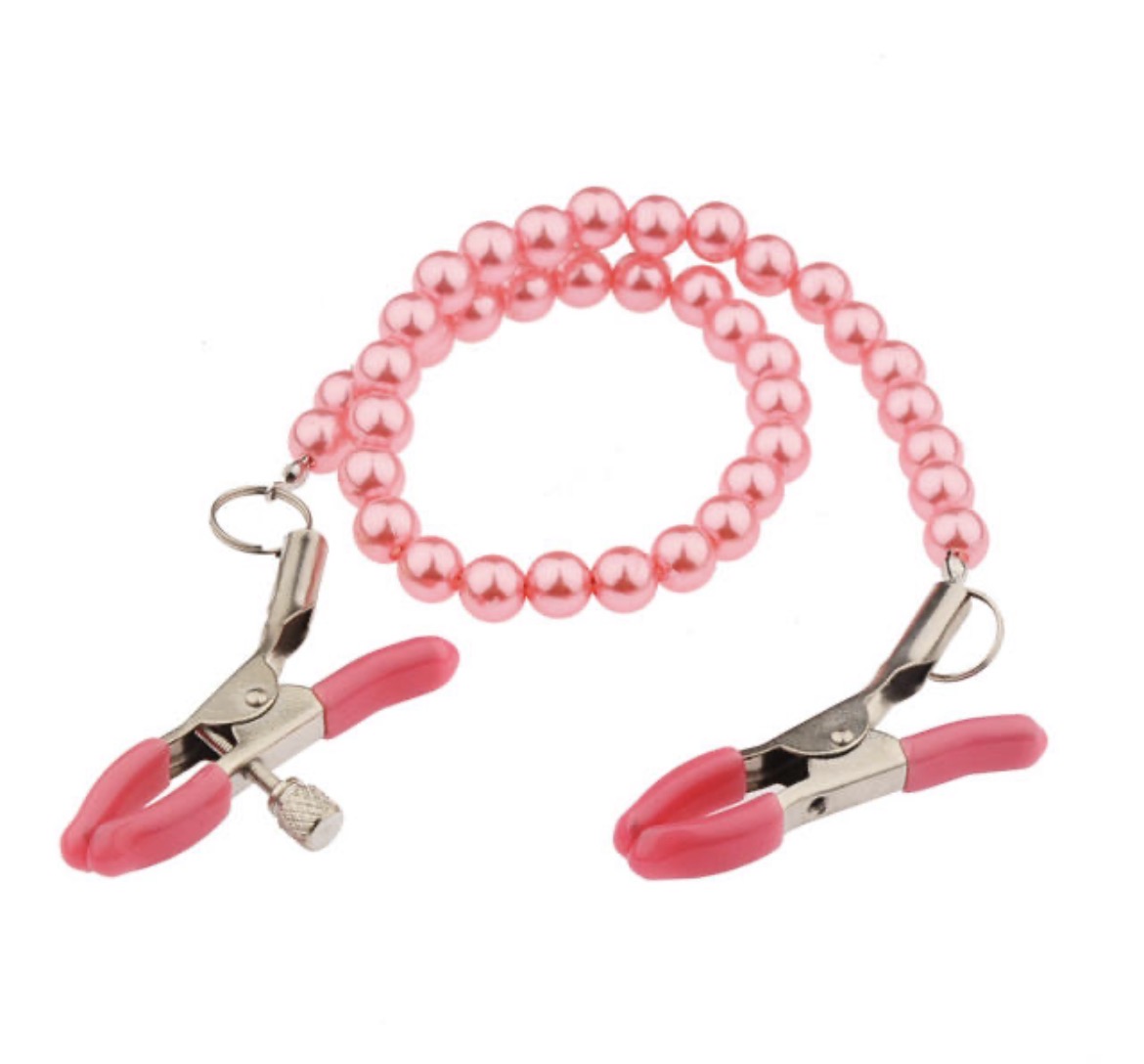 Pink Metal Nipple Clamps with Bead Chain – Adjustable Silicone Tip BDSM Clamp Set